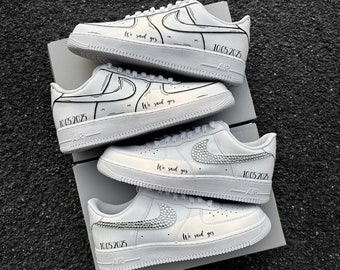 Nike Air Force 1 Wedding - Custom sneakers with wedding date - Rhinestones and cartoon design - We said yes - Hand-painted shoes