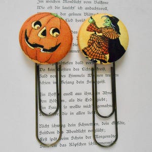 Halloween Bookmark, Pumpkin Bookmark, Witchy Bookmark, Black Cat Bookmark, Spooky Bookmarks, Button Bookmarks. Each bookmark is 3 3/4” long.