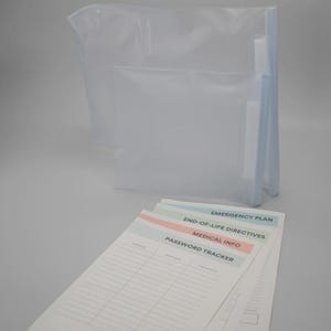 May include: A clear plastic document organizer with a blue spine, holding several sheets of paper. The papers are labeled with titles such as "Emergency Plan," "End-of-Life Directives," "Medical Info," and "Password Tracker."