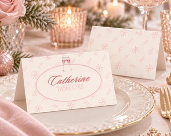 Editable Pink Bow Christmas Place Cards, Folded Tent Style (Digital Template)