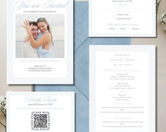 Blue Stripe Wedding Invitation Suite, Double-Sided Canva Template (Digital Download)