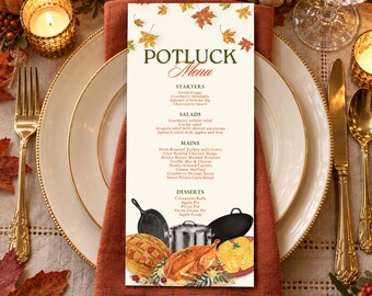 Editable Canva Thanksgiving Potluck Menu, Fall Dinner Card (4x9)