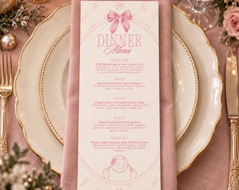 Editable Pink Bow Christmas Dinner Menu Template (Canva)