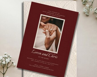 Burgundy Linen Save the Date Template, Elegant Wedding Card (Digital Download)