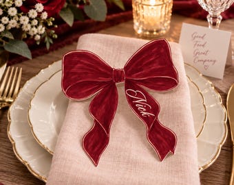 Red Velvet Bow Name Card Template, Editable Canva Christmas Place Card (Digital Download)