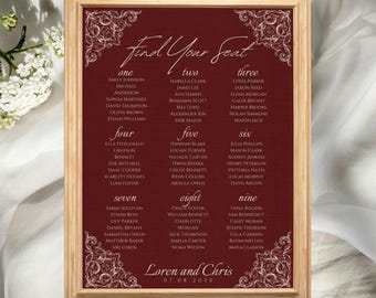 Burgundy Linen Wedding Seating Chart Template, Editable Canva Find Your Seat Sign (18x24)