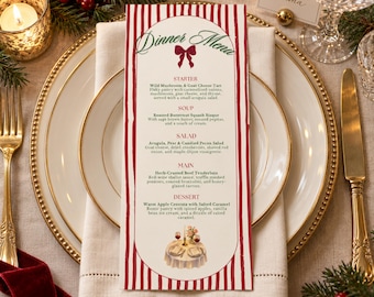 Editable Christmas Dinner Menu Template, Red Ribbon Holiday Party (Digital Download)