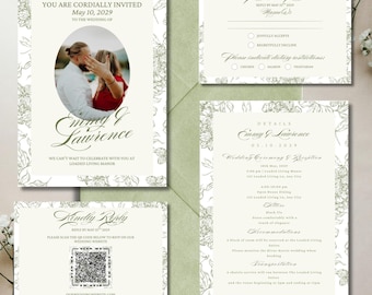 Vintage Garden Wedding Invitation Suite, Botanical RSVP Card (Digital Download)