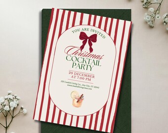 Red Christmas Cocktail Party Invitation, 2 Colorways, Editable Canva 5x7 Holiday Invite, Printable Christmas Template