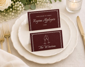Burgundy Linen Wedding Place Card Template, Editable Canva Tent Card (Digital Download)