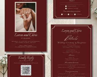 Burgundy Linen Wedding Invitation Suite, Canva Editable Template (Digital Download)