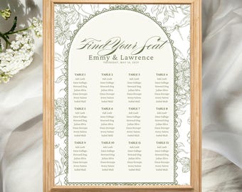 Vintage Garden Wedding Seating Chart, Editable Canva Template (18x24)
