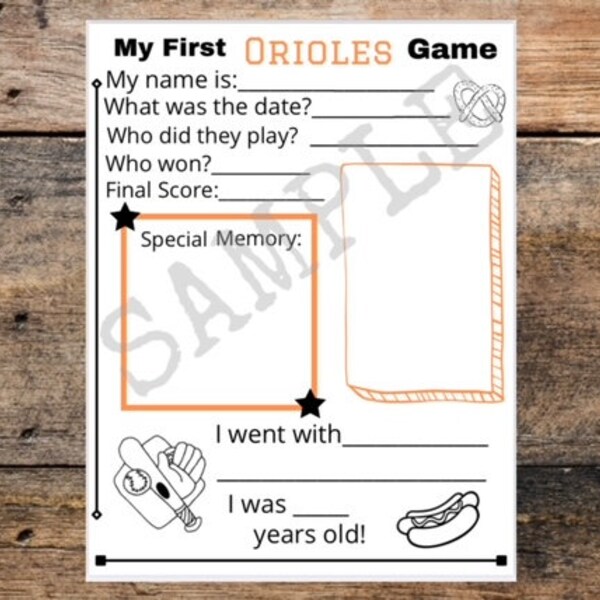 My first Orioles game, printable, template, download, fill in the blanks, keepsake, frameable, memory book, nostalgic memory of