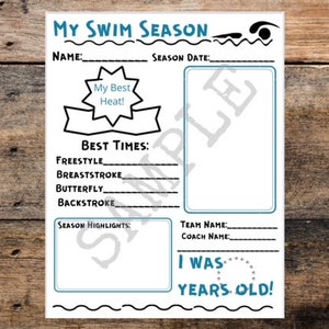 My Swim Season, Swim team printable, template, download, fill in blanks, keepsake, season to season, memory book, record keep