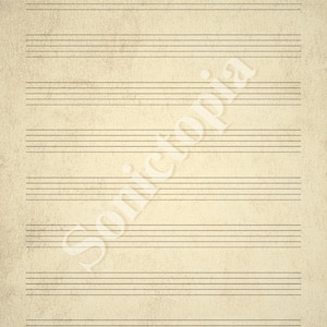 Peut inclure: Une feuille vierge de papier à musique avec cinq lignes horizontales. Le papier a un aspect vintage et vieilli avec un fond beige. Le filigrane "Sonictopia" est visible. L'avis de copyright en bas indique "© 2025 - Sonictopia - Tous droits réservés."