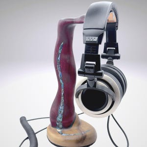 Purple Heart and Mahogany Headphone Stand with Abalone Inlay   Tribal Design, Desk Organizer