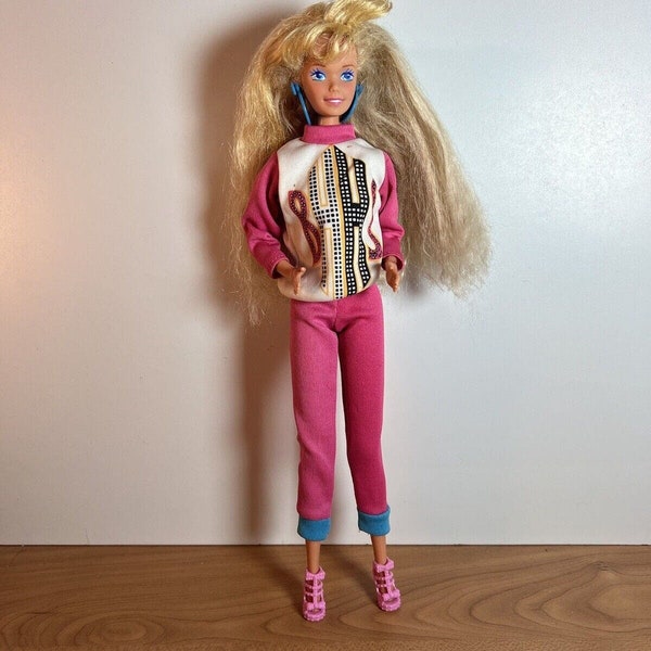 1980s Vtg Exercise Barbie Blue Earrings Blonde Hair Full Outfit