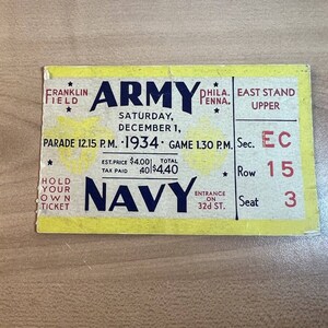 VINTAGE 1934 Army vs. Navy Football Game Ticket Stub Philadelphia Franklin Field