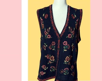 Vintage Erika Floral Embroidered Sweater Vest Size Large