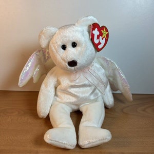 Retired Ty Beanie Babies Halo the Angel Bear Toy With Brown Nose, 1998
