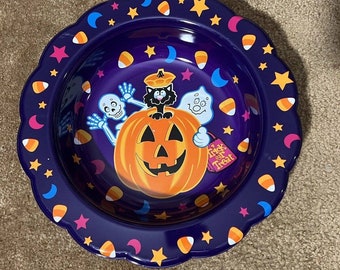 Vtg Ullman Halloween Trick or Treat Candy Bowl Ghosts Pumpkin 14”