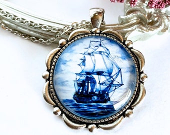 Delft blue necklace/Nautical Necklace/Sailing jewelry/Glass cameo necklace/Blue Pendant necklace/Dutch necklace/Gift for Oma