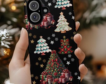 May include: Black phone case featuring a festive Christmas design. The case is adorned with illustrations of Christmas trees, wrapped gifts, snowflakes, and stars. The design incorporates red, green, white, and gold colors, creating a holiday theme.