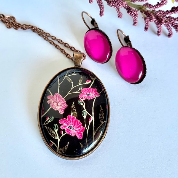 Ensemble de colliers noir et rose, collier pendentif floral, boucles d'oreilles magenta, camée floral, collier camée en verre, cadeau pour femme