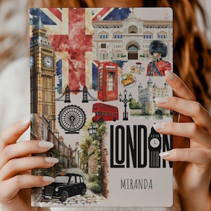 May include: A notebook with a London theme, featuring illustrations of Big Ben, the London Eye, a red double-decker bus, and a Union Jack flag. The word "LONDON" and the name "MIRANDA" are printed on the cover.