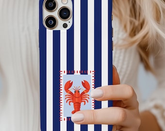 Lobster Striped Phone Case Retro Seafood Phone Cover Summer iPhone and Samsung Galaxy Case Beach Trendy Phone Case Coastal Tough Cover