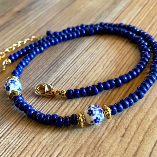 Delft blue necklace, Blue seed beaded necklace, Simple beaded necklace, Royal blue beaded necklace