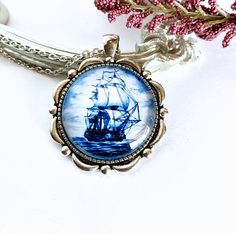 Delft blue necklace/Nautical Necklace/Sailing jewelry/Glass cameo necklace/Blue Pendant necklace/Dutch necklace/Gift for Oma image 1