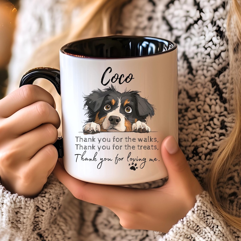 May include: A white ceramic mug with a black handle and interior, featuring a black and white illustration of a dog with the name Coco above it and the text: Thank you for the walks, Thank you for the treats, Thank you for loving me.