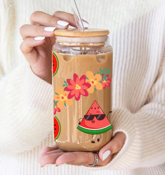 Watermelon Sipper Glass Cup: 16oz Fruit Smoothie Cup With Lid