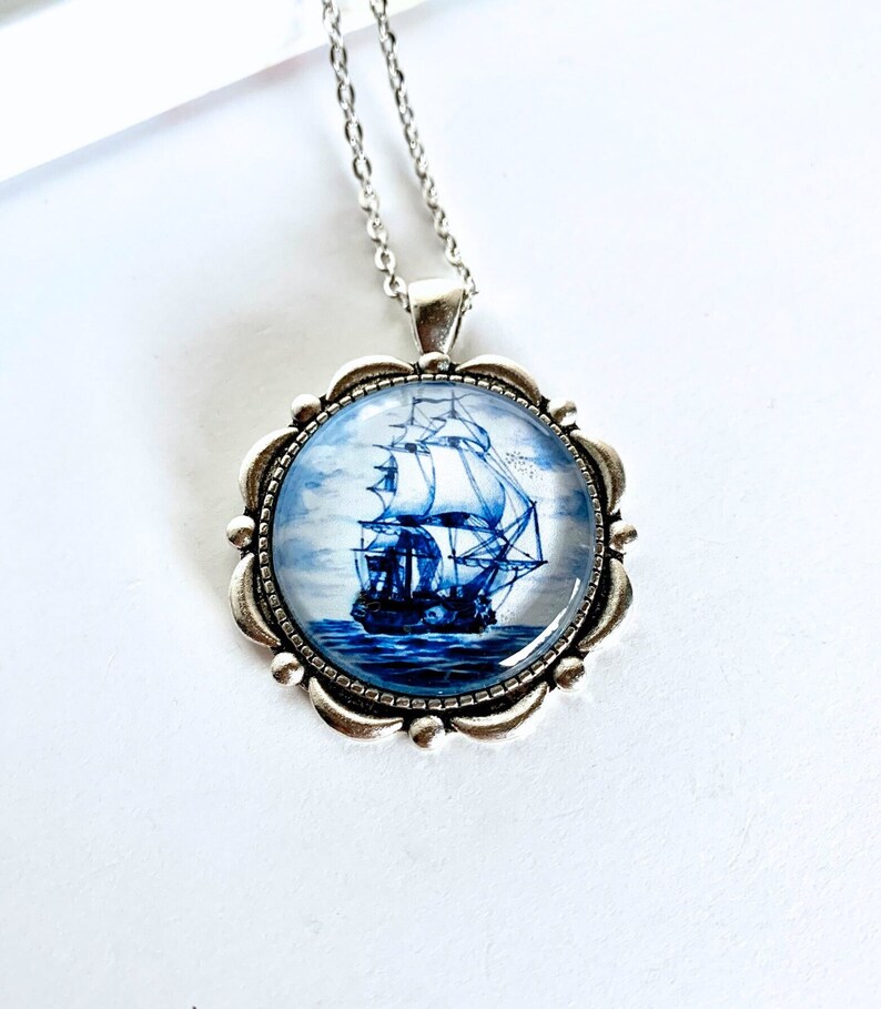 Delft blue necklace/Nautical Necklace/Sailing jewelry/Glass cameo necklace/Blue Pendant necklace/Dutch necklace/Gift for Oma image 4