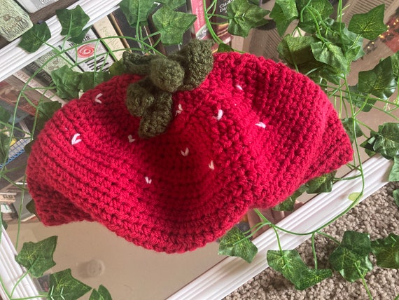 Strawberry Beret Hat Handmade Crochet 