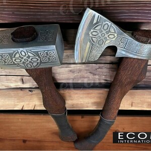 2-delige set (Vikinghamer + Vikingbijl) Gegraveerd met hoog koolstofstaal, Battle Thor Runic Nordic Carbon Hammer, Beste cadeau voor elke gelegenheid