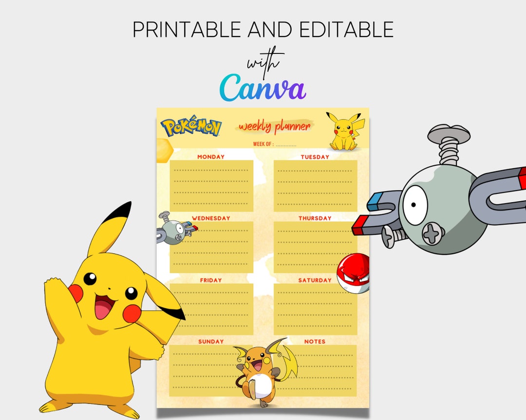 Pokemon Weekly Planner, Electric Type, Daily Work Schedule, Weekly