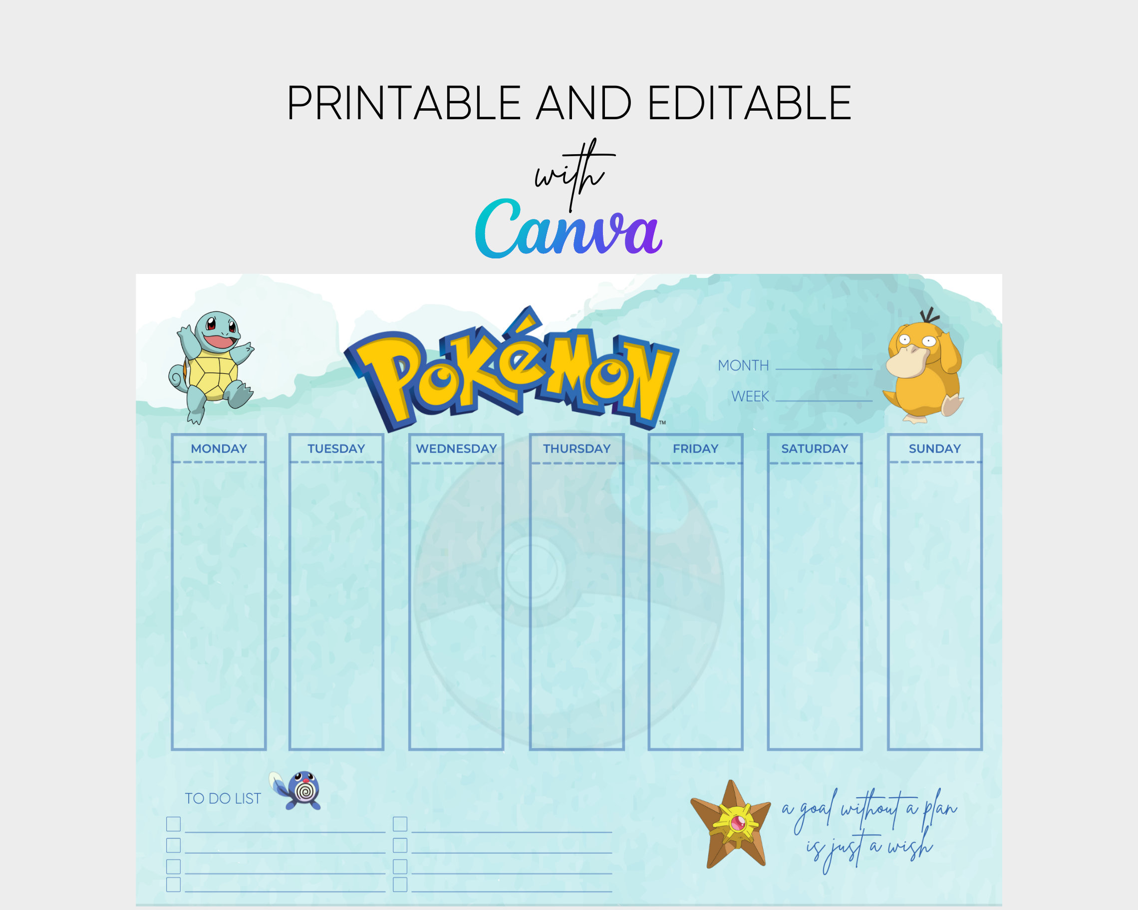 Pokemon Weekly Planner, Water Type, Daily Work Schedule, Weekly Agenda