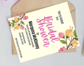 Plantilla de invitación para despedida de soltera con flores rosas y doradas de Canva / Invitación de boda / Descarga instantánea / Imprimible / Personalizada / Editable en Canva