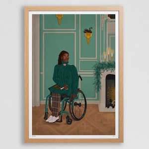 Art print - Black woman in a wheelchair with a Zadie Smith book by a fireplace (A4 - A3)