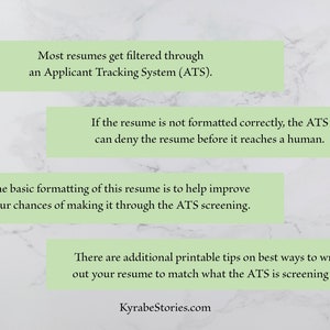 May include: Image with text about Applicant Tracking Systems (ATS) and resume formatting. The text is in green boxes on a marble background. The text includes tips on how to format a resume to pass the ATS screening.