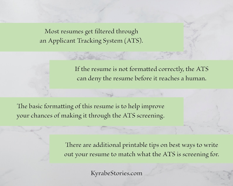 May include: Image with text about Applicant Tracking Systems (ATS) and resume formatting. The text is in green boxes on a marble background. The text includes tips on how to format a resume to pass the ATS screening.