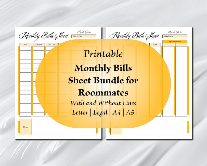 Monthly Bill Tracker Bundle for Roommates 8 Golden Printables Letter, Legal, A4, A5 Sizes ...