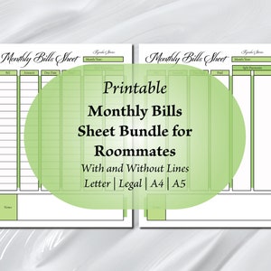 Monthly Bill Tracker Bundle for Roommates | 8 Green Printables | Letter, Legal, A4, A5 Sizes | Instant Download | Keep Track of Bills Due