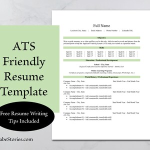 May include: A resume template with the text "ATS Friendly Resume Template" in a large font. The template includes sections for objective, skills, education, and work history. The words "Free Resume Writing Tips Included" are also visible.