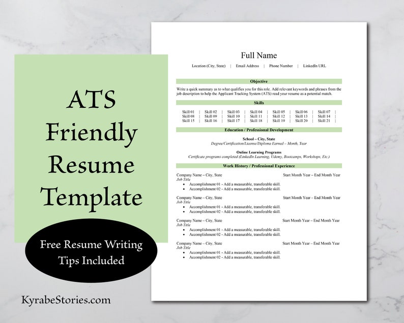 May include: A resume template with the text "ATS Friendly Resume Template" in a large font. The template includes sections for objective, skills, education, and work history. The words "Free Resume Writing Tips Included" are also visible.