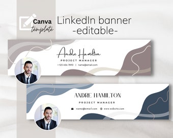 Editable LinkedIn banner waves with contact info, Canva template, Professional LinkedIn background branding, LinkedIn banner business