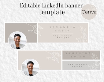 Könnte beinhalten: Eine LinkedIn-Banner-Vorlage mit beigefarbenem Hintergrund und weißen floralen Akzenten. Das Banner zeigt ein Porträt einer Frau mit kurzen Haaren und einem professionellen Outfit. Der Text "SAMANTHA SMITH" und "key account manager" ist in schwarzer Schrift dargestellt.