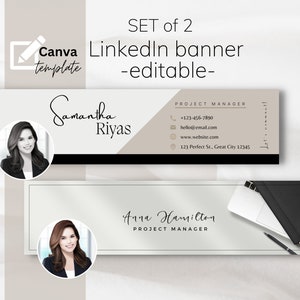 Editable professional LinkedIn banner with contact info, Canva template, Clear and aesthetic minimalist beige LinkedIn background for her